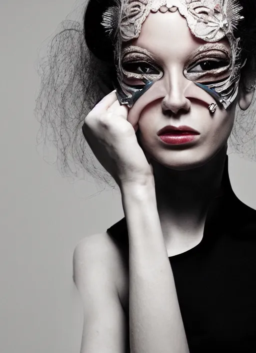 Image similar to a fashion portrait photograph of a woman wearing a high fashion mask art directed by Alexander McQueen, 35mm, pentax, studio lighting