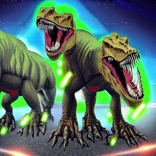 Image similar to three headed cyborg tyrannosaurus rex with lasers.