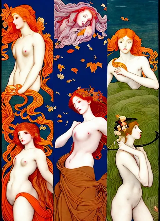 Prompt: 4 Muses symbolically representing Spring, Summer, Winter and Autumn, in a style blending Æon Flux, Peter Chung, Shepard Fairey, Botticelli, Ivan Bilibin, and John Singer Sargent, inspired by pre-raphaelite paintings, shoujo manga, and cool Japanese street fashion, dramatic autumn landscape, leaves falling, deep vivid tones, hyper detailed, super fine inking lines, ethereal and otherworldly, 4K extremely photorealistic, Arnold render
