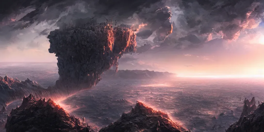 Prompt: the edge of the world ends with a cliff to space, High fantasy, Cinematic Matte Painting, Insanely Detailed, Award Winning, Trending on Artstation, 8k, UHD