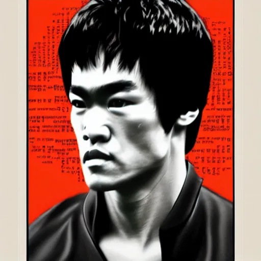Prompt: portrait of bruce lee, in style of think different poster, highly detailed, symmetry, hyper realistic
