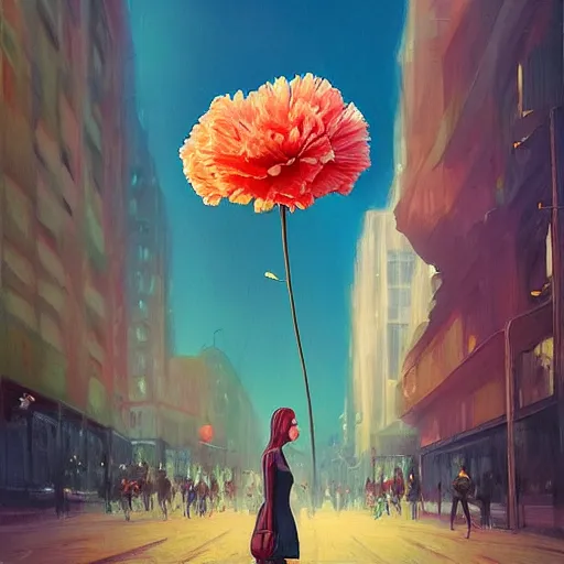 Image similar to giant carnation flower head, woman walking in a modern city, surreal photography, dramatic light, impressionist painting, digital painting, artstation, simon stalenhag