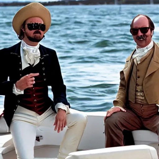 Prompt: character torrente and hamilton on a boat