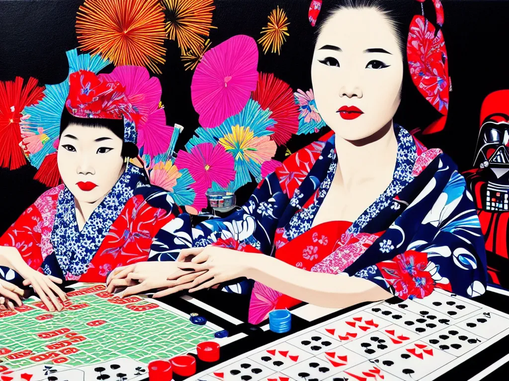 Prompt: hyperrealistic composition of the detailed woman in a japanese kimono sitting at a extremely detailed poker table with detailed darth vader, fireworks, mountain fuji on the background, pop - art style, jacky tsai style, andy warhol style, acrylic on canvas