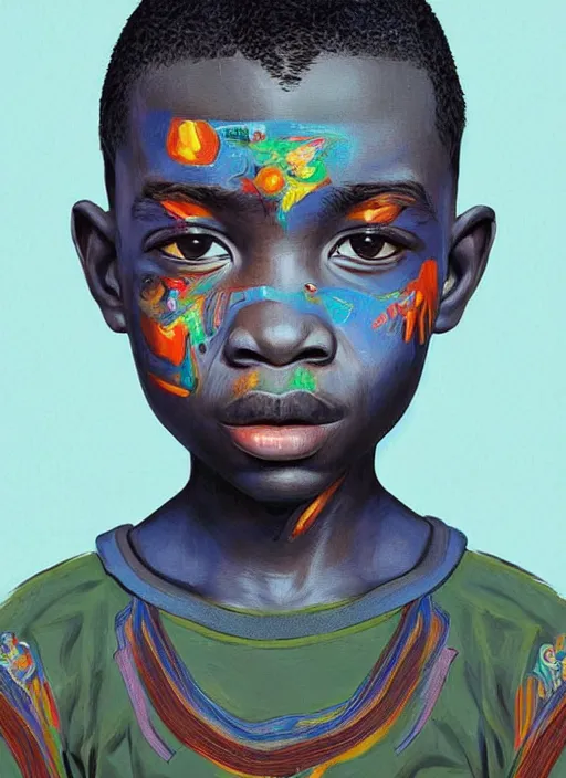 Prompt: colourful upper half portrait an african boy - art by james jean, highly detailed, digital painting, illustration, illustration, smooth, sharp focus, intricate, symmetry, pinterest, behance, art station