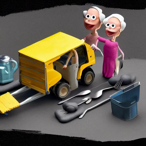 Prompt: grannies operating a fork lift, 8k, claymation, in the style of wallace and gromit, hd, artstation