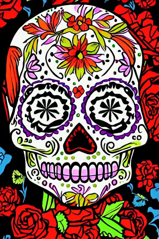 Prompt: illustration of a sugar skull day of the dead girl, art by stephen bliss