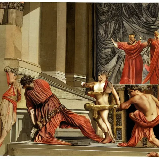 Image similar to caesar being killed by brutus on senate floor, surreal, roman architecture, roman dress style.