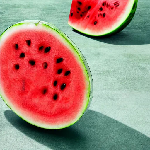 Image similar to an exploding watermelon where each piece of water melon has a mirrored surface that’s reflects a dystopian world, 4K vivid