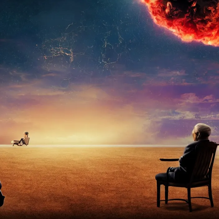 Image similar to cinematic movie, background blur bokeh, old man sitting in chair with black cat watching nuke explosion, world ending nuke, 4 k