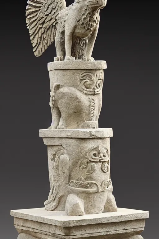 Image similar to a stone sculpture of a winged panther sitting on a pedestal with intricate carvings and fine detail