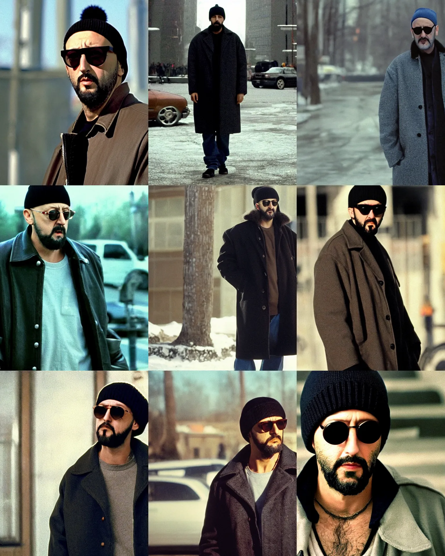 Prompt: full body shot, small circle!!! round!!!! sunglasses, serious dramatic jean reno wearing circle!! round!! sunglasses and a small beanie cap, wearing long black winter coat, full body shot, film still from leon the professional