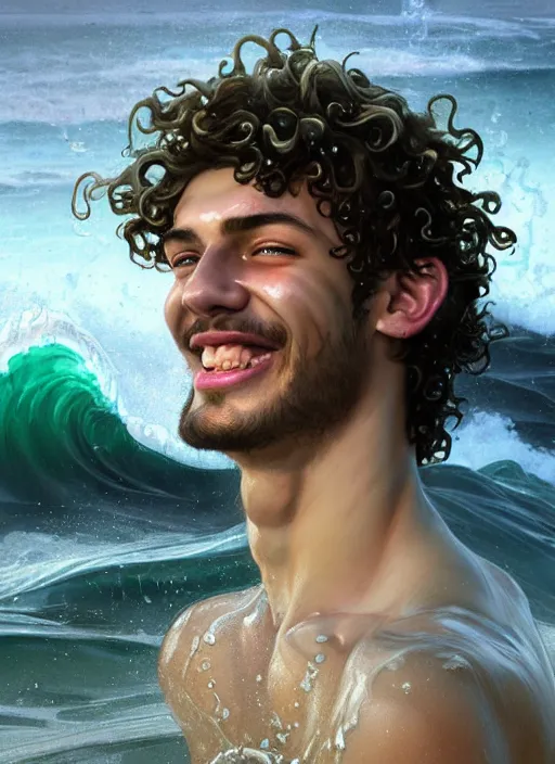 Image similar to portrait of teenage poseidon rising from ocean, greek, short curly blonde hair, mad smile, wearing a wet white sash, elegant, crashing waves, storm, glowing lights, volumetric lighting, highly detailed, digital painting, artstation, concept art, smooth, sharp focus, illustration, art by wlop, mucha, artgerm, and greg rutkowski