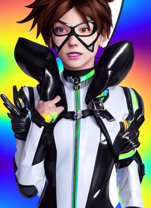 Image similar to portrait bust digital artwork of tracer overwatch, wearing white iridescent rainbow latex and leather straps catsuit outfit, 4 k, expressive happy smug expression, makeup, in style of mark arian, angel wings, wearing detailed black leather collar collar collar collar, chains, black leather harness, detailed face and eyes,