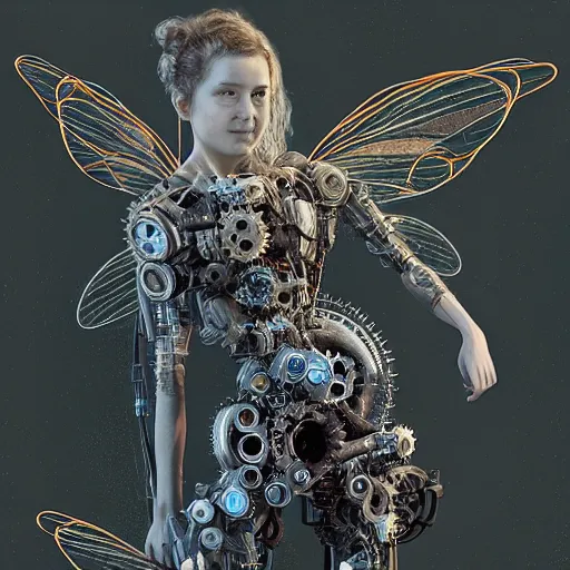 Image similar to portrait of a mechanical fairy with fairy wings, gears, wires and cables, detailed, 4k, in the style of Craig Mullins and James Gurney