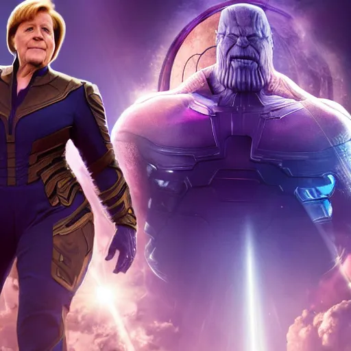 Prompt: Angela Merkel as Thanos, still from Avengers: Endgame movie, 4k, cinematic, vibrant colors