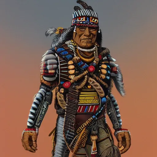 Image similar to a native american/aztec cybernetic mercenary in the style of Jean Giraud detailed realistic HD 8k High Resolution