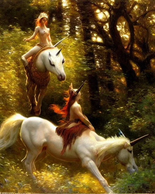 Image similar to a wild unicorn rears and points its hooves at an approaching wildcat, enchanted forest, painting by gaston bussiere, craig mullins, j. c. leyendecker