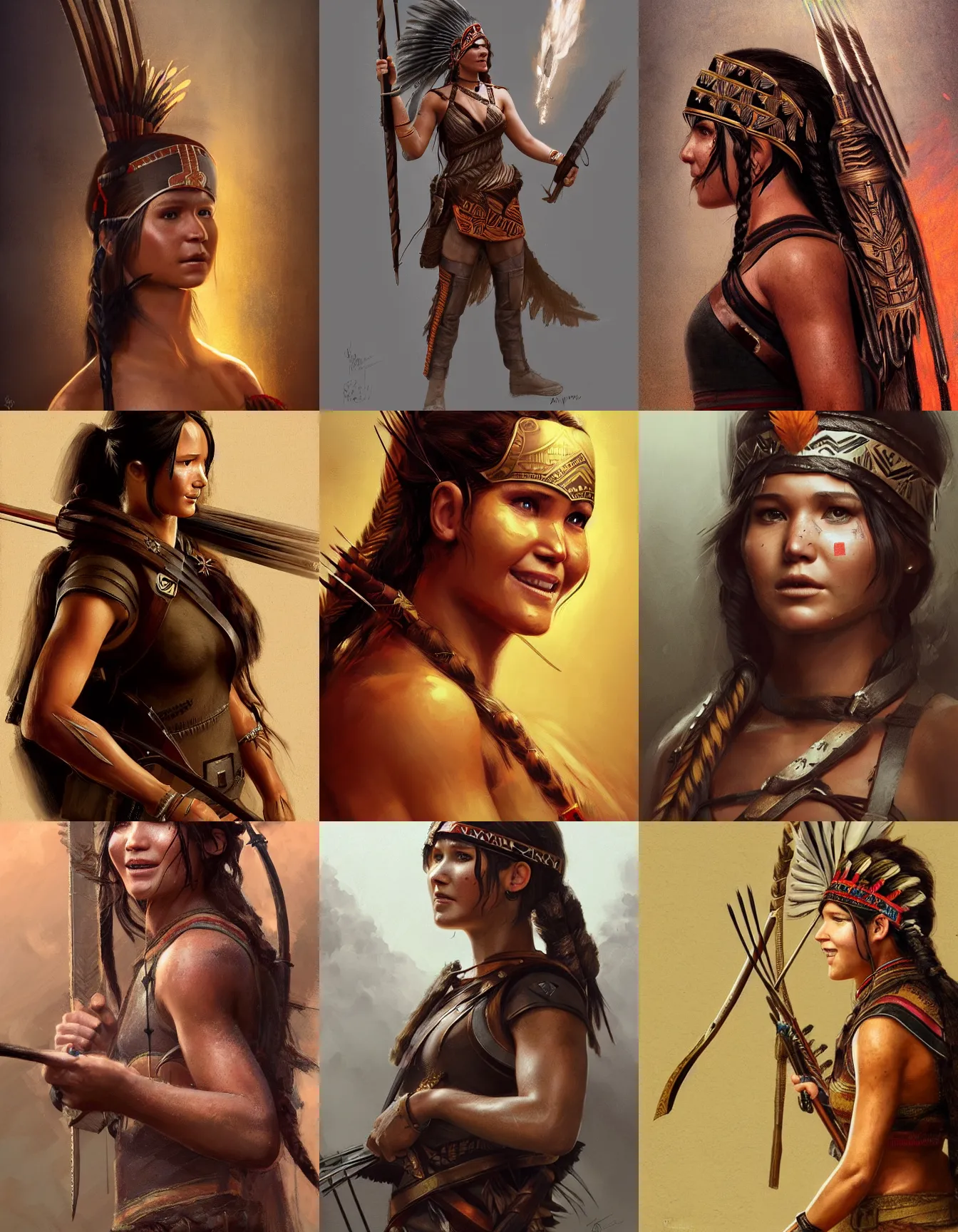 Prompt: ( katniss everdeen ) as a aztec soldier, native clothes, headdress, strong, muscular, laughing, digital portrait by greg rutkowski, intricate, soft focus, highly detailed, cinematic, epic, artstation