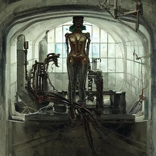 Image similar to horrorpunk interior of pristine steampunk asylum laboratory testing chamber containing a chained mutant cyborg nicola samori marc simonetti william-adolphe borguereau viktor vasnetsov charlie bowater oil painting