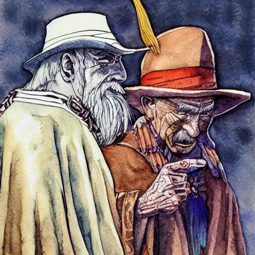 Image similar to old shaman and american man near him, old mexican magician closes eyes, gray haired, a 3 / 4 view watercolor ink painting, in the style of jean giraud in the style of moebius trending on artstation deviantart pinterest detailed realistic hd 8 k high resolution