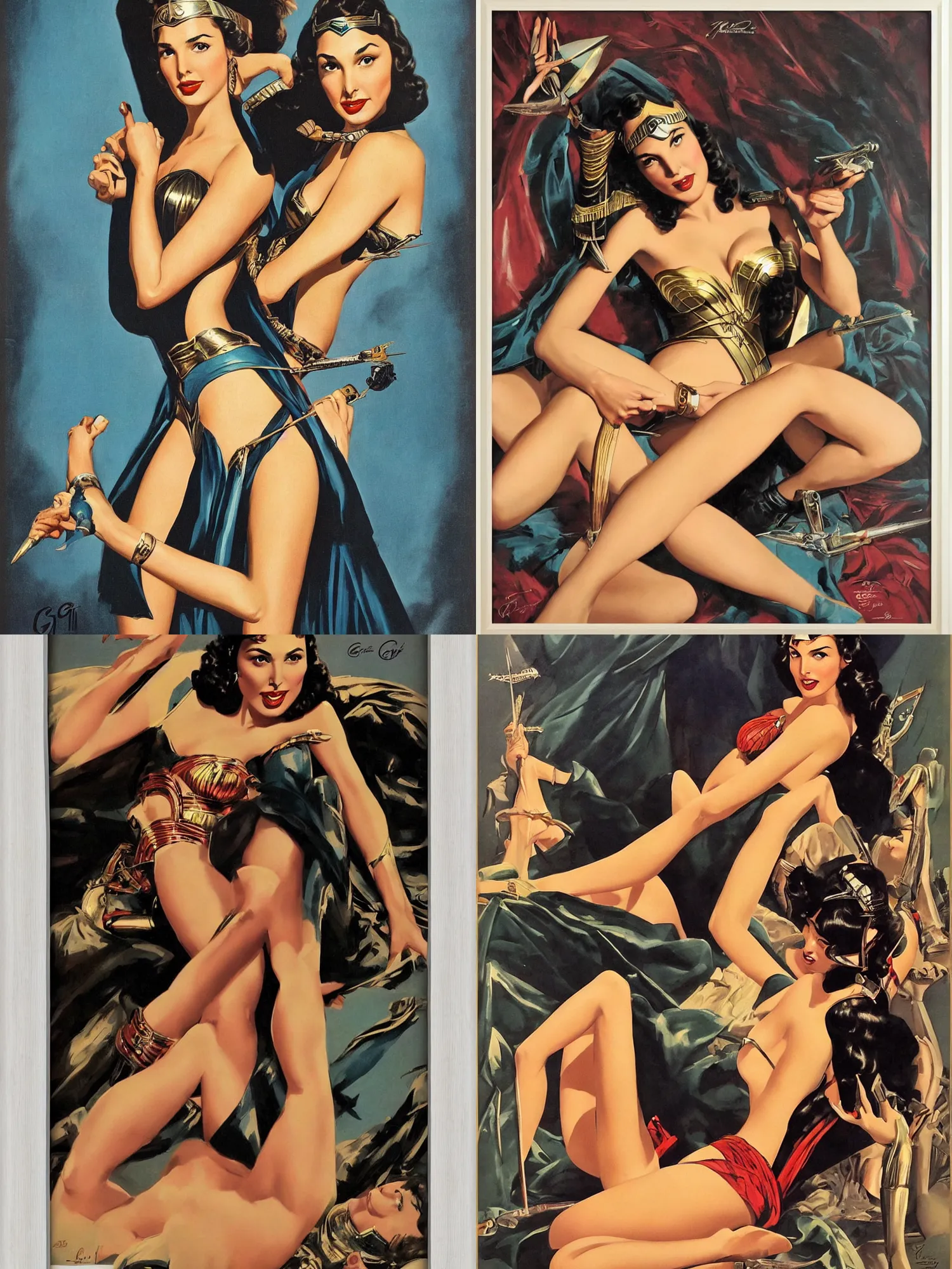 Prompt: Gal Gadot is Cleopatra, in the style of pin-up poster by Gil Elvgren, from 1940, framed vintage poster