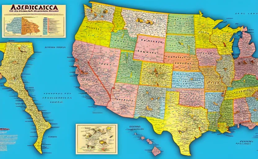 Prompt: aspics of america map, map key, tourist map, brochure, hd, detailed