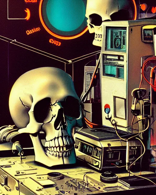 Prompt: a sarcastic skull observing 8 0 s era technology, vintage shapes, retro technology, vintage color, wayne barlow, oil on canvas, deep depth of field, masterpiece, cinematic composition, hyperdetailed