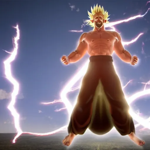 Image similar to Jesus Christ going super saiyan, muscular, lightning in the sky, glowing, highly detailed, focus, realistic vfx simulation, cryengine