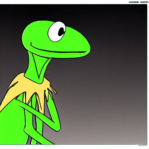 Image similar to Kermit the frog as an anime character, in the style of TV anime afro samurai, Key Frame, Top rated of pixiv, High Detail, Medium Shot, Dusk