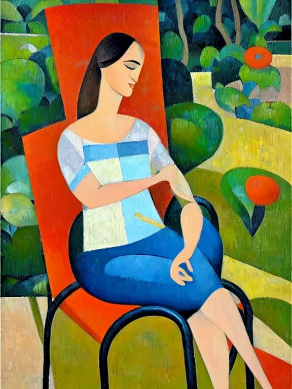 Prompt: figurative oil painting of a woman relaxing in a chair in her garden, art by didier lourenco, spanish modernism style, patterned background, balanced and aesthetically pleasing natural colors