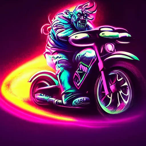 Image similar to psychedelic blacklight airbrush artwork, hyper stylized action shot of an orc biker riding a motorcycle, clear focused details, radical, cgsociety, artstation, soft airbrushed edges and gradients on a black background