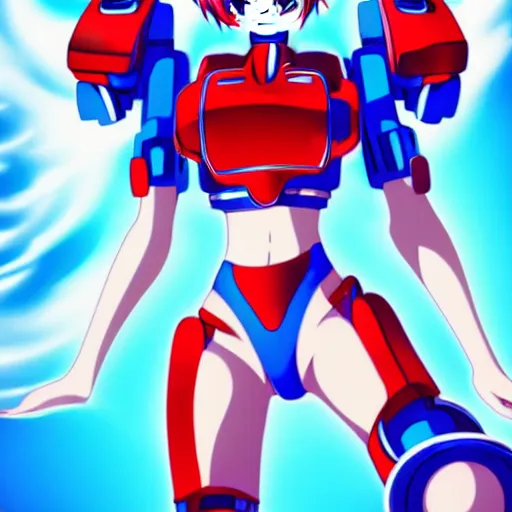 Image similar to digital anime art, very small cute girl standing on a large table, red mech arms and red mech legs,