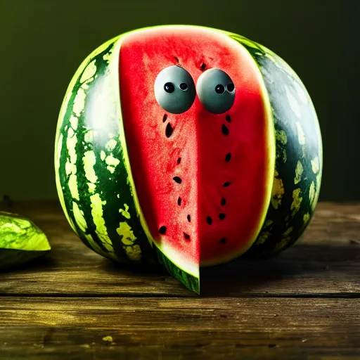 Image similar to a spooky photo of a watermelon with legs, professional photo, award winning, detailed, 8 k, watermelon