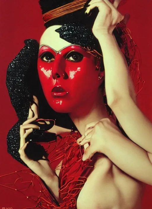 Image similar to an 8 0 s portrait of a woman with dark eye - shadow and red lips with dark slicked back hair, a mask made of wire and beads, dreaming acid - fueled hallucinations by serge lutens, rolf armstrong, delphin enjolras, peter elson, red cloth background