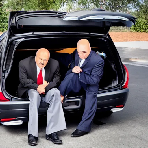 Prompt: dr phil hiding in your car trunk