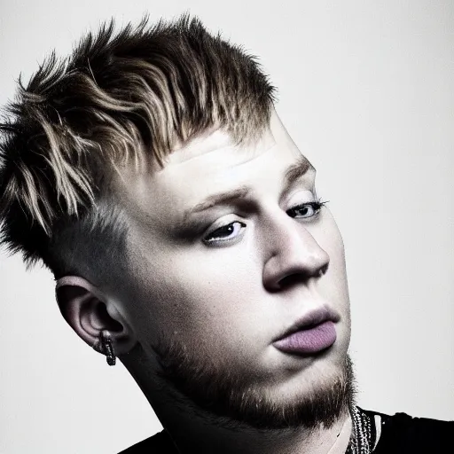Prompt: American rapper, singer-songwriter and musician Machine Gun Kelly Clarkson. Portraiture photography.