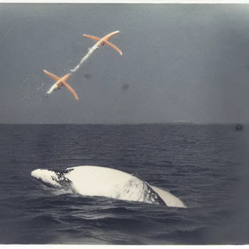 Image similar to a polaroid picture of a whale swimming under the sea, aquatic helicopters flying around the whale