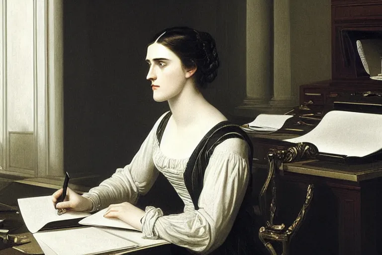 Image similar to 1 8 1 0 s katie mcgrath writing at her desk by vittorio reggianini, bright lighting, perfectly detailed eyes, beautiful hands, pale skin, clear face