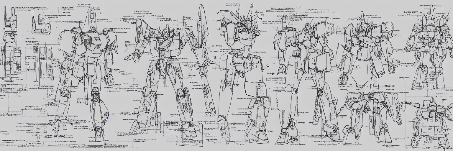 Image similar to highly detailed schematic, technical drawing, GUNDAM frame, parts, annotations