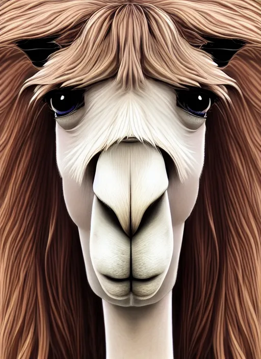 Prompt: centered!! macro head portrait of a llama, artstation, detailed cartoon, elegant, digital painting, concept art, smooth, sharp focus, illustration, ghibli, makoto shinkai, don bluth, fujita goro, jean giraud, akihiko yoshida, tom whalen 8 k