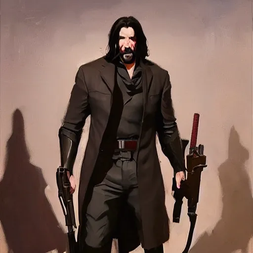 Image similar to greg manchess portrait painting of partially armored john wick as overwatch character, medium shot, asymmetrical, profile picture, organic painting, sunny day, matte painting, bold shapes, hard edges, street art, trending on artstation, by huang guangjian, gil elvgren, ruan jia, greg rutkowski, gaston bussiere