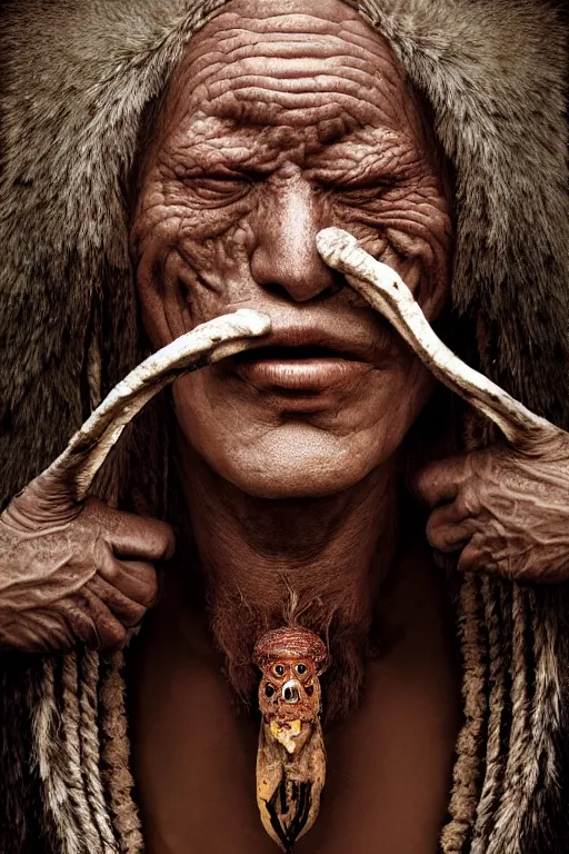 Image similar to heitsi eibib the ancient shaman mage sits inside gaping open mouth jaw maw of enormous tribal toad, highly detailed fantasy portrait, by erwin olaf and anton corbijn, smooth, matte, mysticism