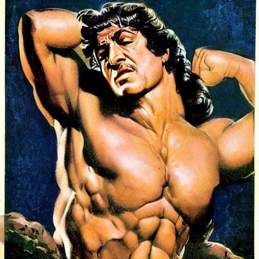 Image similar to stallone goddess perfect face coherent by frank frazetta