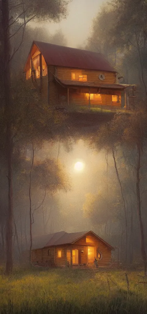 Image similar to a highly detailed epic cinematic concept art CG render digital painting artwork: small family cabin House, modern archetecture, excessove vegetation, foggy, dreamy, golden hour sunset By Greg Rutkowski, in the style of Francis Bacon and Syd Mead and Norman Rockwell and Beksinski, open ceiling, highly detailed, painted by Francis Bacon and Edward Hopper, painted by James Gilleard, surrealism, airbrush, Ilya Kuvshinov, WLOP, Stanley Artgerm, very coherent, triadic color scheme, art by Takato Yamamoto and James Jean