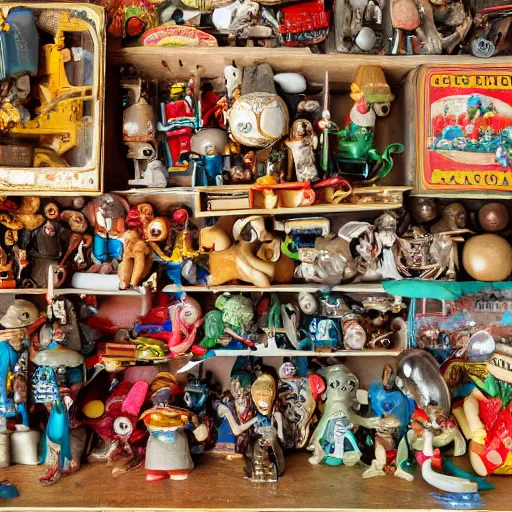Prompt: A highly detailed photograph of a collection of antique toys