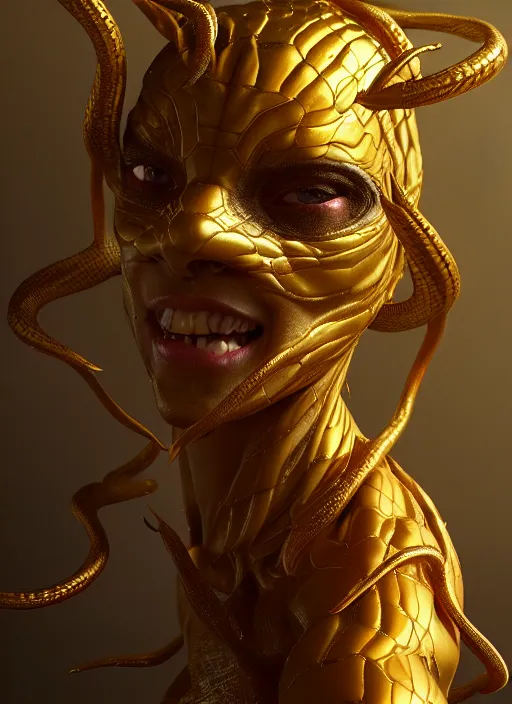 Prompt: female gold venom, naturel, hyper detailed, digital art, trending in artstation, cinematic lighting, studio quality, smooth render, unreal engine 5 rendered, octane rendered, art style by klimt and nixeu and ian sprigger and wlop and krenz cushart