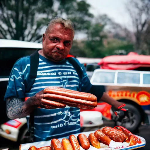 Image similar to portrait of a strange man selling hot dogs, 🌭, eccentric, canon eos r 3, f / 1. 4, iso 2 0 0, 1 / 1 6 0 s, 8 k, raw, unedited, symmetrical balance, wide angle