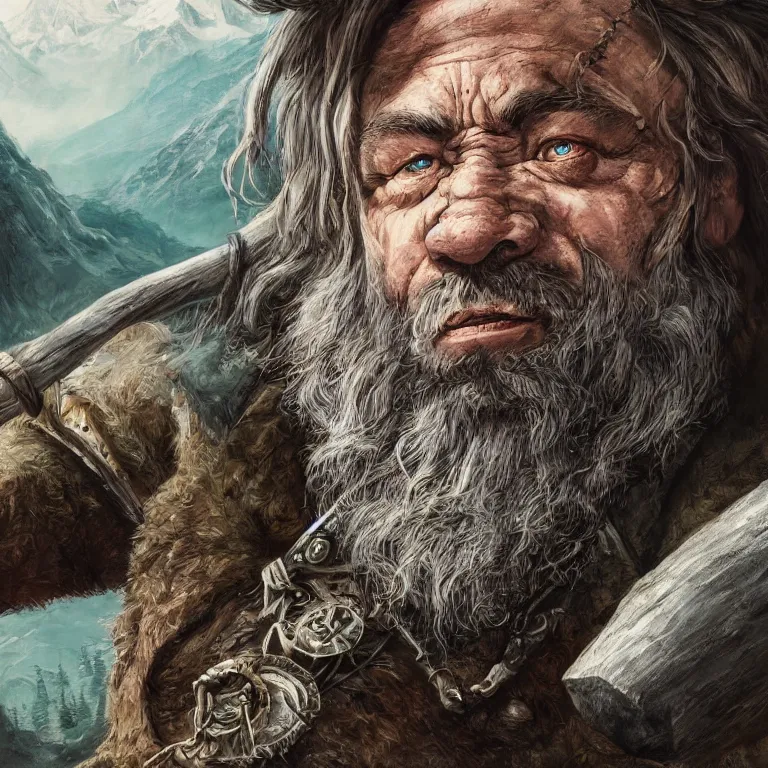 Prompt: dwarf in mountains, lord of the rings style, fantasy, poster, character portrait, portrait, close up, concept art, intricate details, highly detailed, full body, 8 k, detailed face, body
