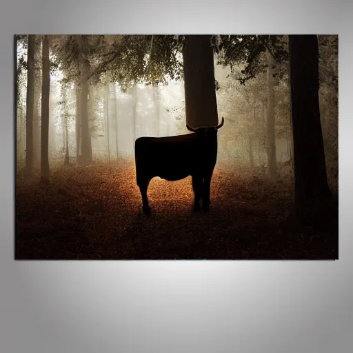 Image similar to Highly realistic painting of a cow standing in the middle of a dark forest, oak trees, fog, moody lighting, volumetric lighting